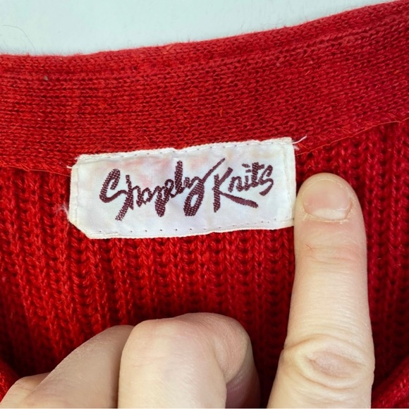 Vintage 70s Ribbed Knit Fitted Sweater 3/4 Sleeves Cherry Red Pocket M - Picture 7 of 12